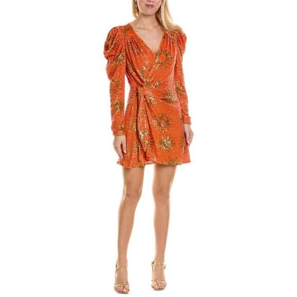Farm Rio Dresses & Skirts - Farm Rio Sunny Mood Sequin Wrap Dress Size Large Orange Party Cocktail Event